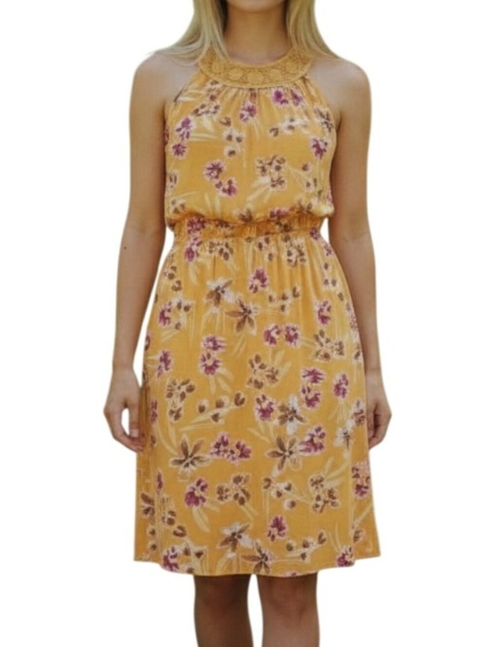 Daniel Rainn Mezzie Halter Neck Dress~Size XS~Yellow Floral Midi~NWT ~ L1 07